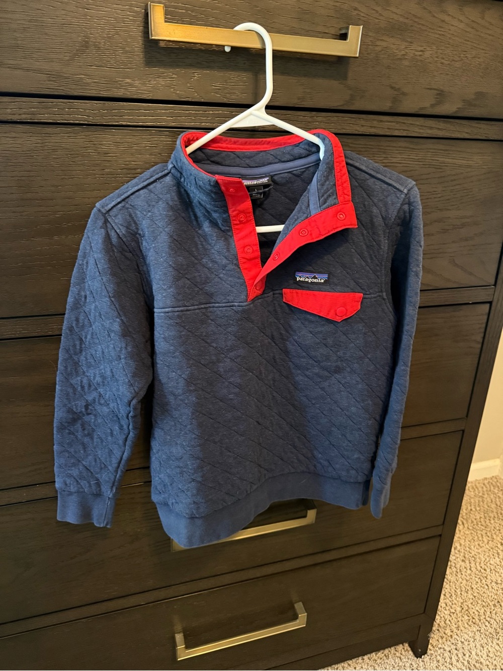 Patagonia Kids Navy Quilted Pullover with Red Snap Placket